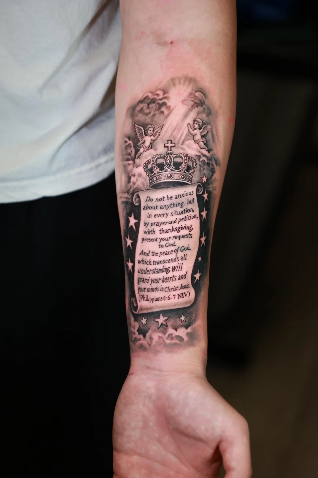Black Grey Realism Scripture Scroll With Crown Cherubs forearm Mr T West Hollywood Diamond Bar CA R tattoos