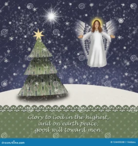 Christmas Angel In A Snowy Landscape With Christmas Tree And The Star Of Betlehem Luke 2 14 Stock Illustration Illustration Of Angel Christmastime 124403268