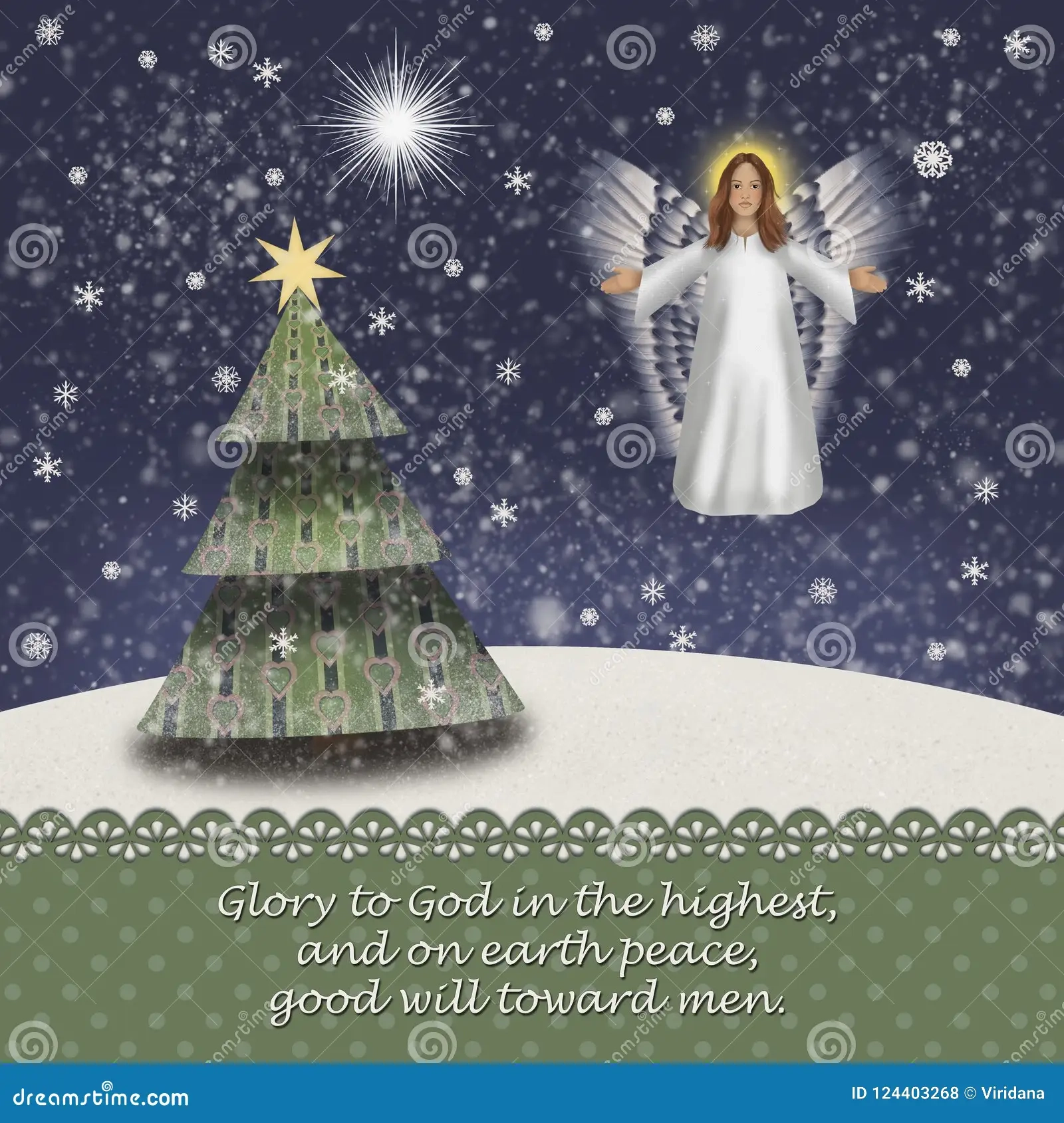 Christmas Angel In A Snowy Landscape With Christmas Tree And The Star Of Betlehem Luke 2 14 Stock Illustration Illustration Of Angel Christmastime 124403268