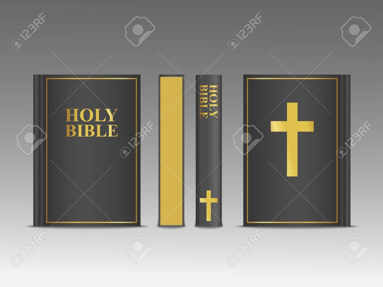 Closed Holy Bible Vector 3d Template Religion Book Mock Up With Black Cover And Gold Frame With Cross And Font Christian Religious Illustration Royalty Free SVG Cliparts Vectors And Stock Illustration Image