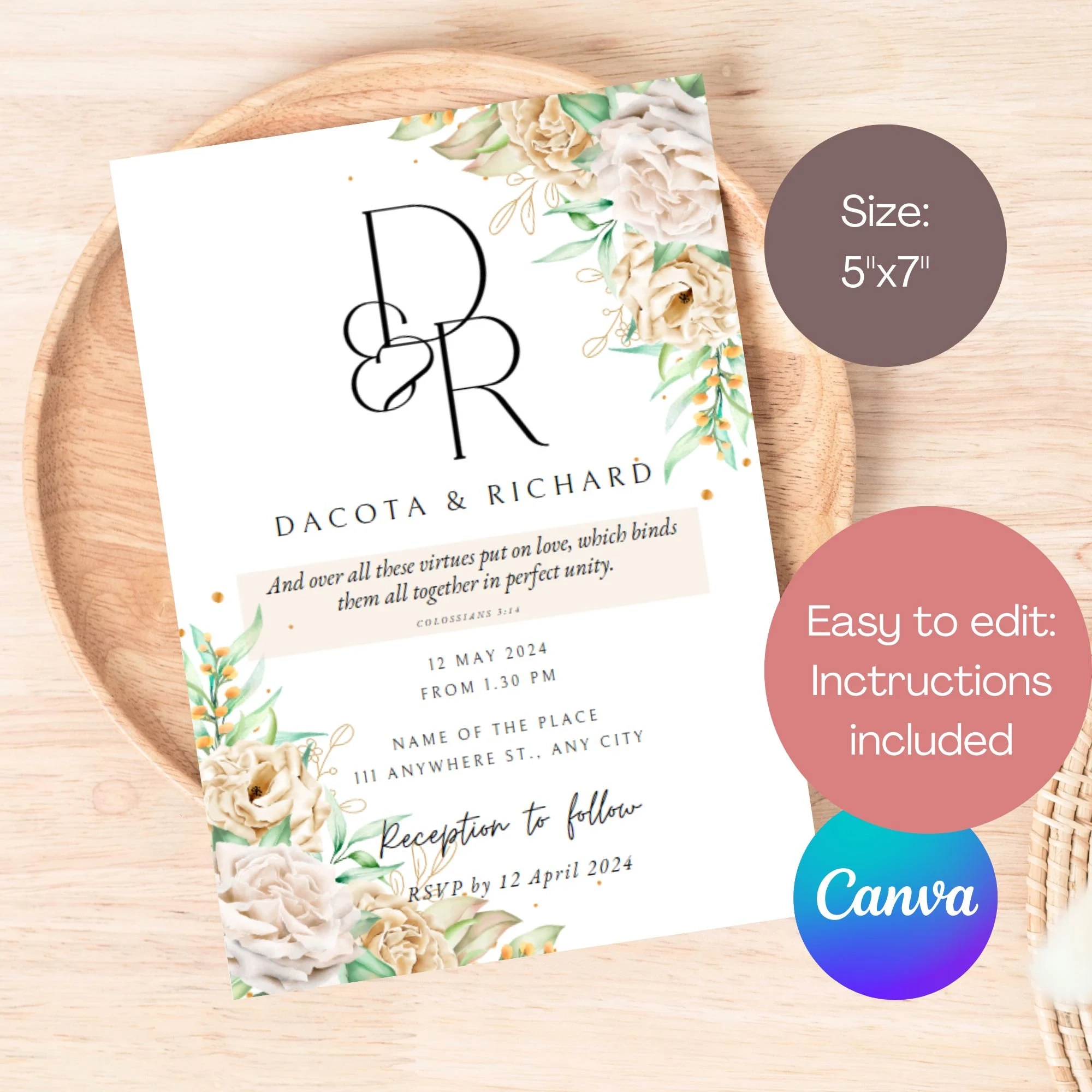 Floral Christian Wedding Invitation Template Editable Bible Verse digital Download Etsy