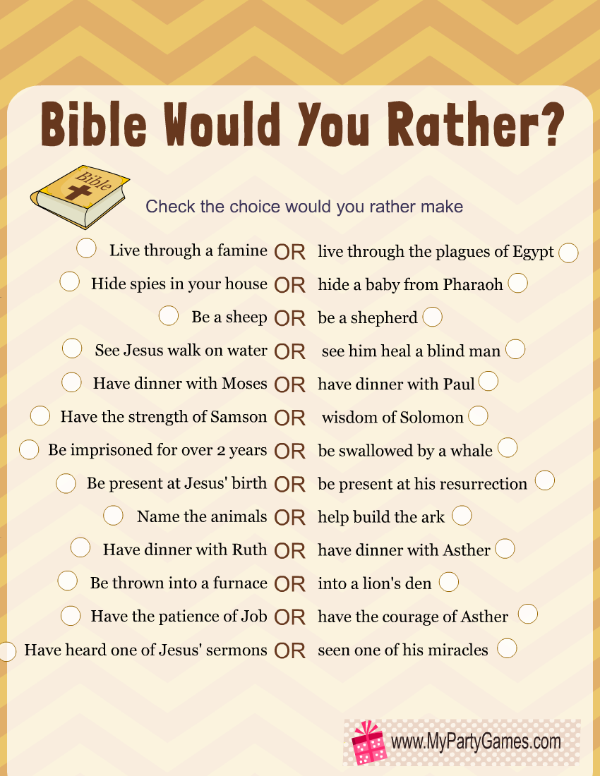 Free Printable Would You Rather Game Bible Edition Bible Activities For Kids Bible For Kids Bible Lessons For Kids