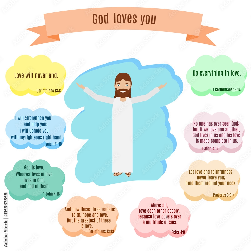 God Loves You Vector Illustration Smiling Jesus And Bible Quotes With Verses About Love Stock Vector Adobe Stock