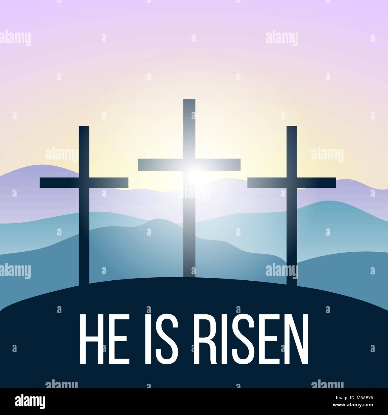 He Is Risen Bible Quote Holy Cross Silhouettes Of Mountains Forest At Sunrise Stock Vector Image Art Alamy