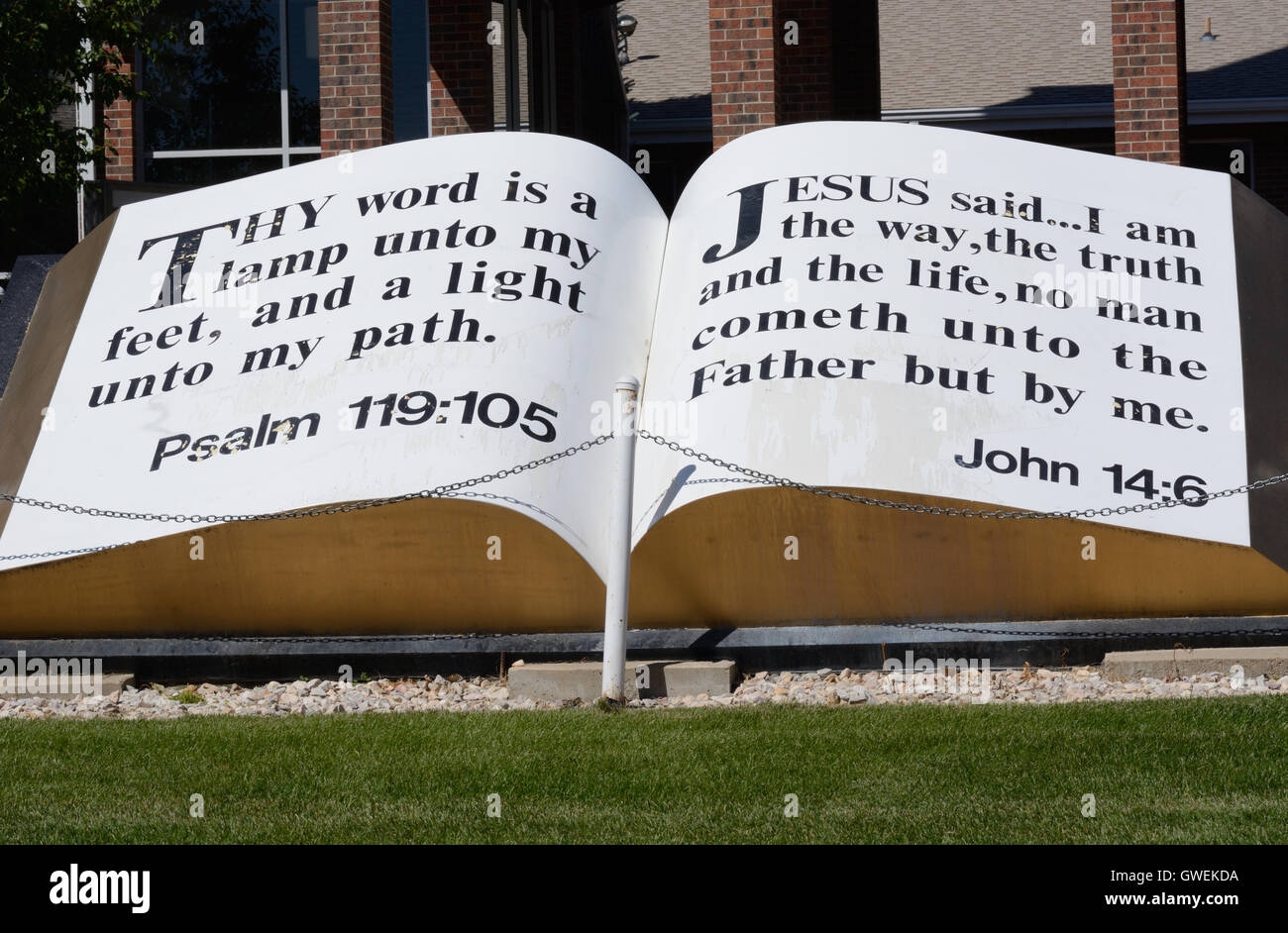 Large Bible With Biblical Quotes From Psalm And John Outside Of Colorado Church Stock Photo Alamy