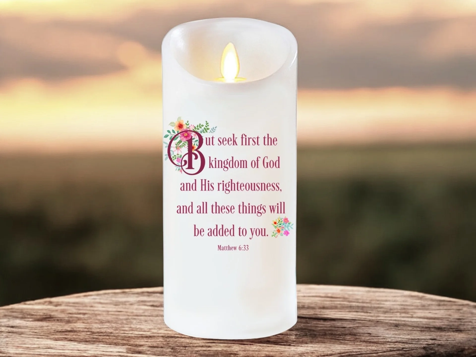 LED Candle Seek First Bible Verse Dancing Wick Celebrate Prints