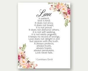 Love Is Patient Love Is Kind 1 Corinthians 13 4 8 Bible Print Wedding Printable Bible Wall Art Christian Wall Art Scripture Print Etsy