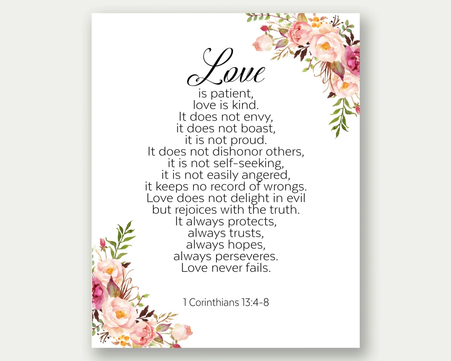 Love Is Patient Love Is Kind 1 Corinthians 13 4 8 Bible Print Wedding Printable Bible Wall Art Christian Wall Art Scripture Print Etsy