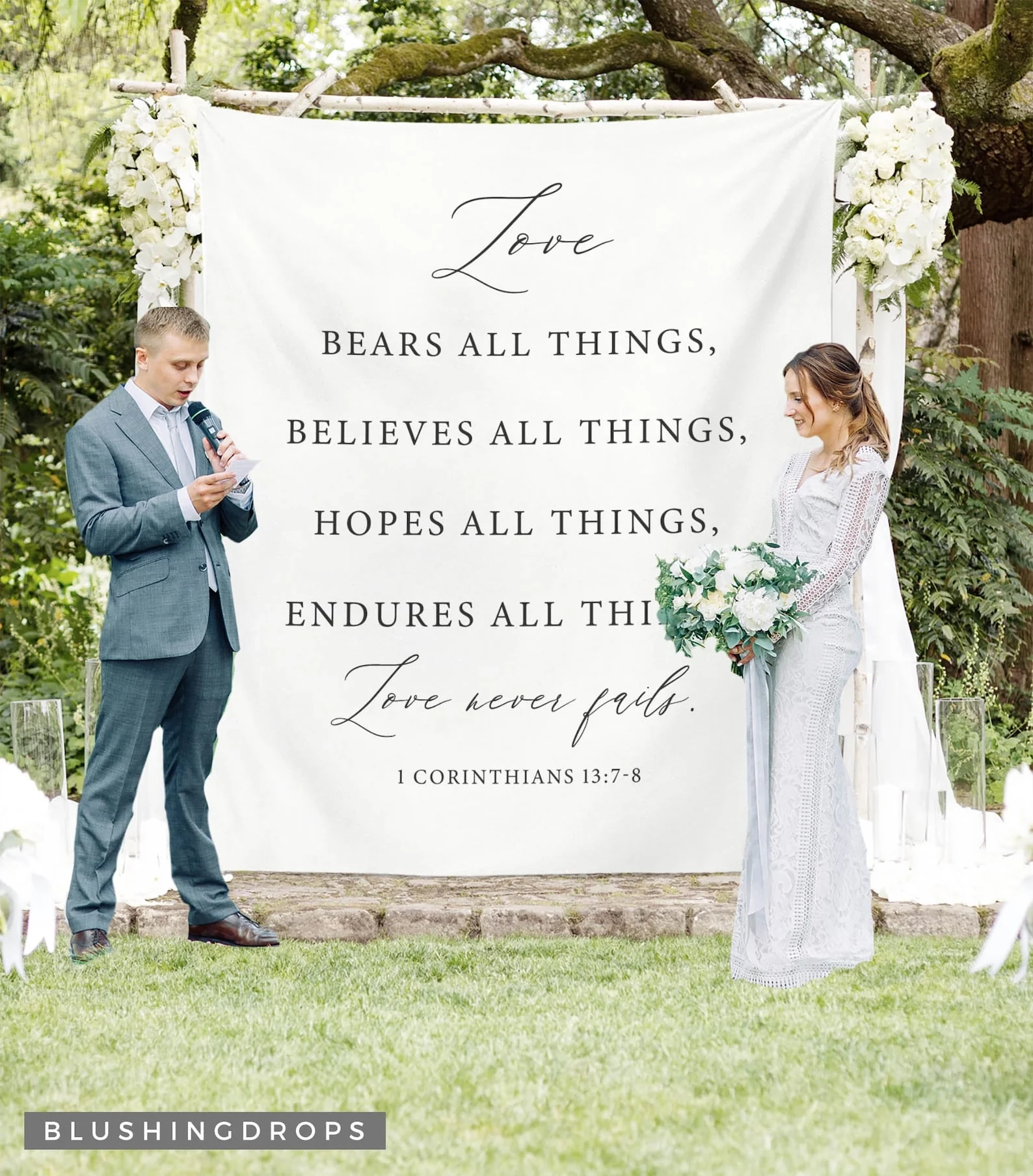 Love Never Fails Bible Verse Wedding Backdrop Blushing Drops