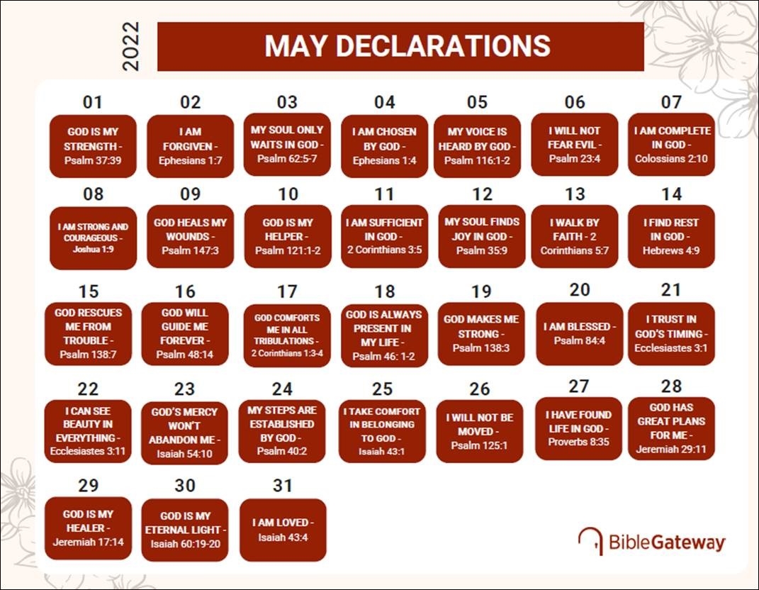 May Is Bible Declarations Month On Bible Gateway Download This Free 31 Bible Verses Calendar Bible Gateway Blog