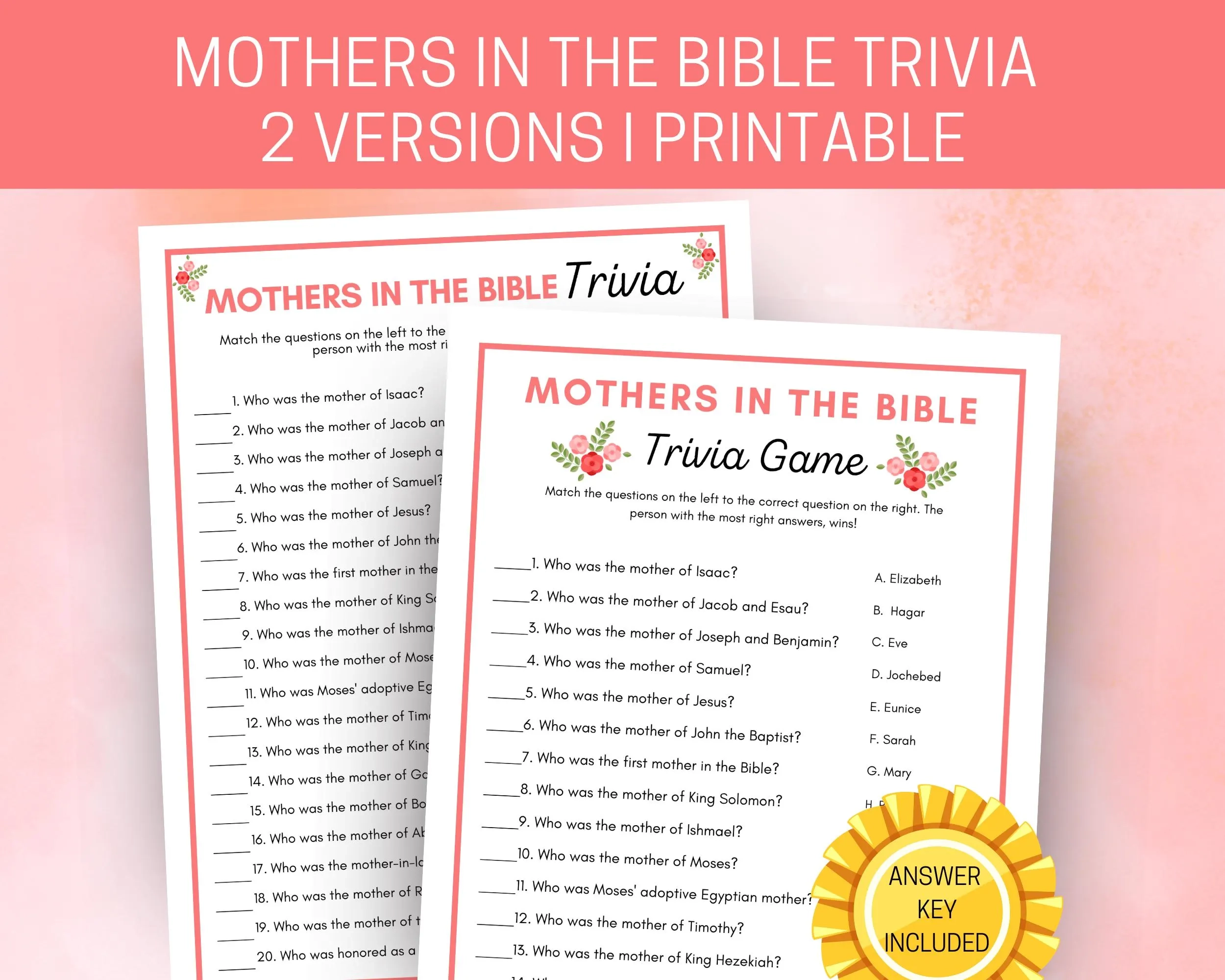 Mothers In The Bible Trivia Printable Mothers Day Bible Game Christian Mothers Day Match Up Game Bible Trivia For Kids Women Church Etsy