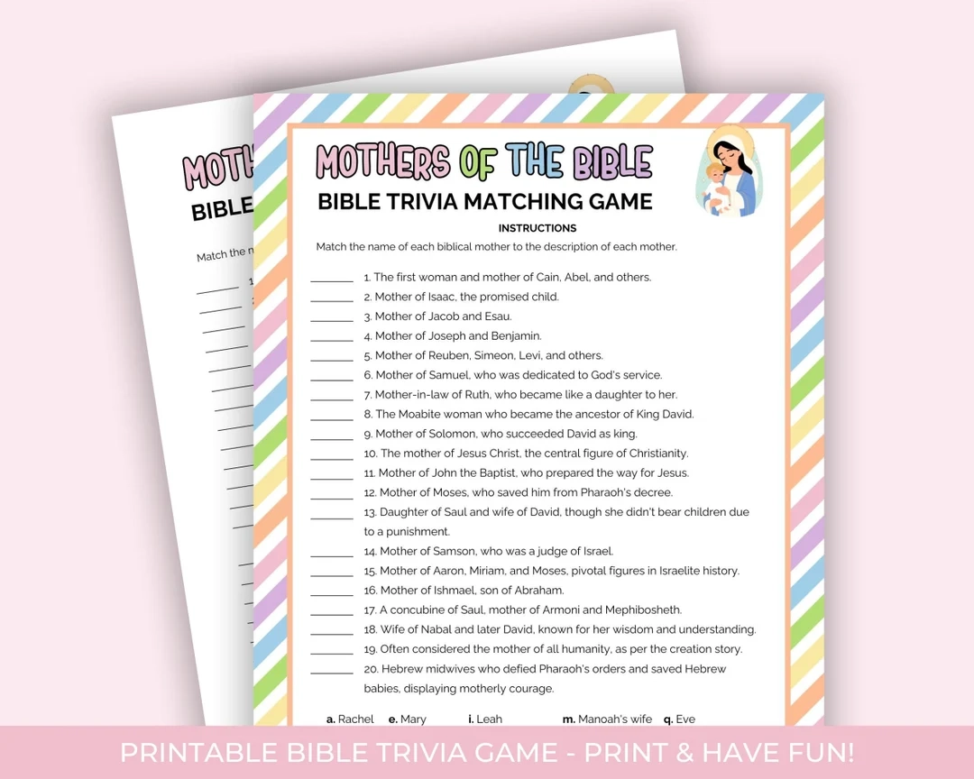 Mothers Of The Bible Trivia For Kids Printable Trivia Game Bible Story Activities Church Activity Sheet Bible Trivia Game Printable Etsy