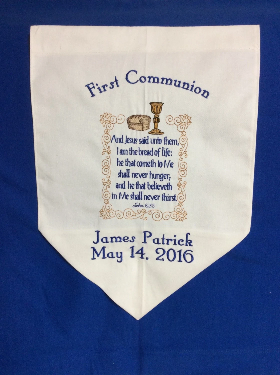 Personalized First Communion Banner With Bible Verse From John 6 35 Etsy