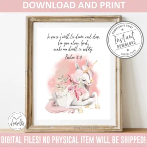 Printable Unicorn In Peace I Will Lie Down And Sleep Psalm 4 8 Sign Nursery Bible Verse Scripture Print Christian Nursery Wall Art Etsy Canada