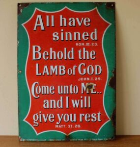 Religious Church Enamel Metal Sign Lamb Of God Bible Quote C1915 In Antique Signage