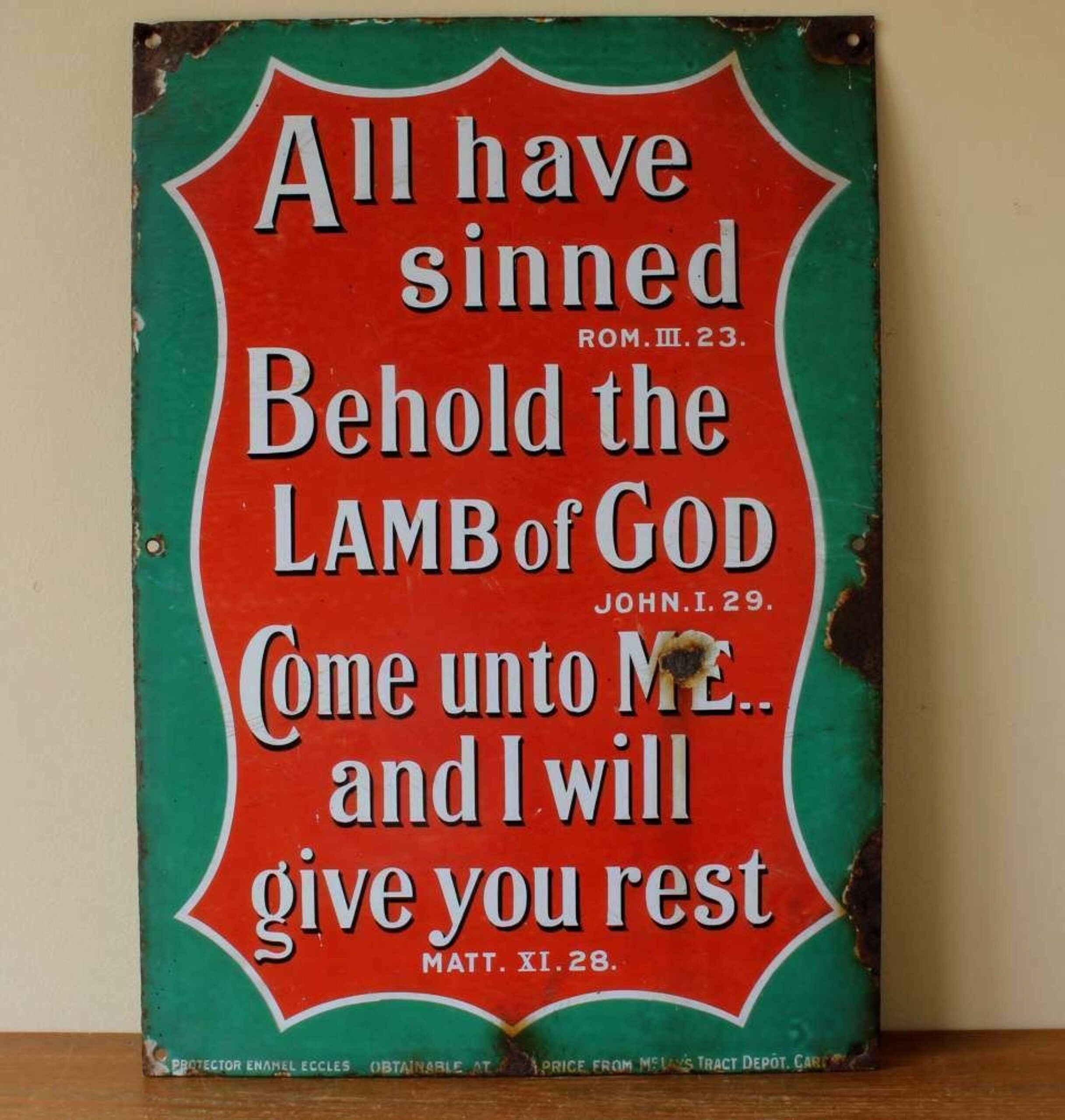 Religious Church Enamel Metal Sign Lamb Of God Bible Quote C1915 In Antique Signage
