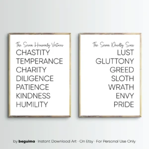 Seven Heavenly Virtues seven Deadly Sins bible Verse Print inspiring Quotes printable Christian Wall Art poster home Decor digital Download Etsy
