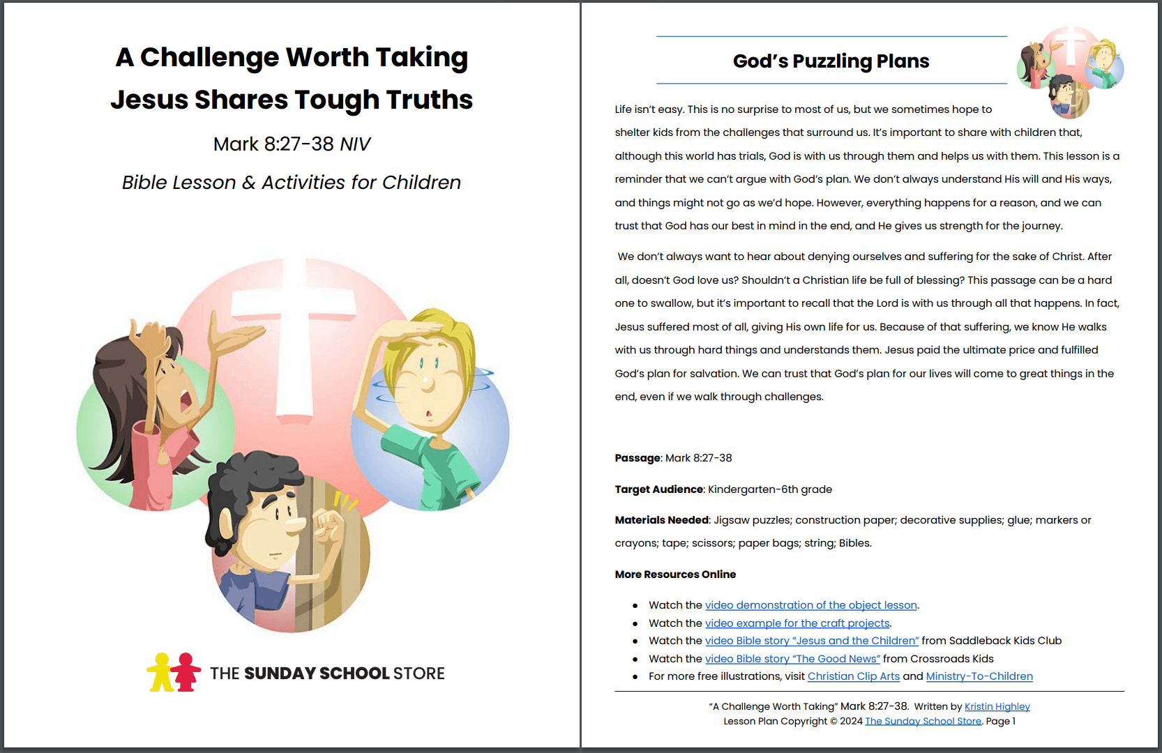 Take Up Your Cross And Follow Me Mark 8 27 38 Printable Bible Lesson Sunday School Store