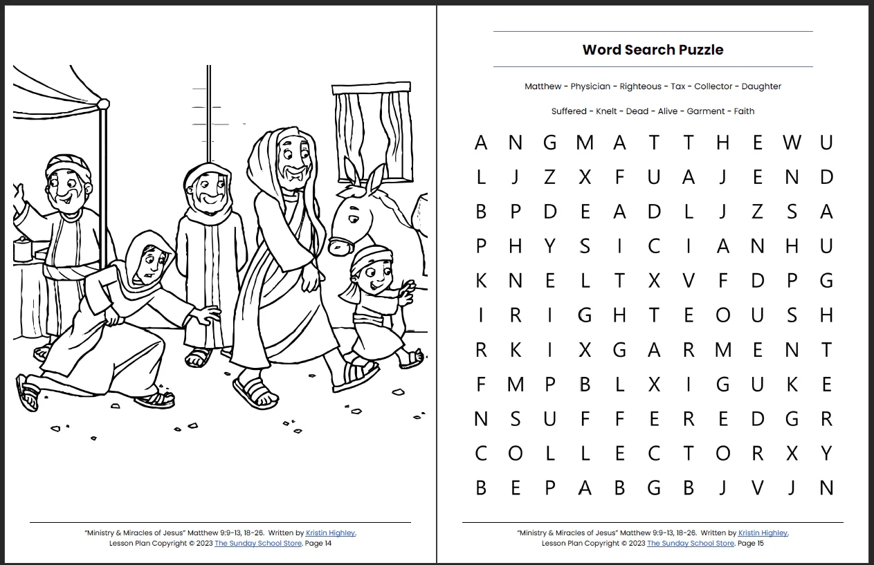 The Ministry And Miracles Of Jesus Matthew 9 9 13 18 26 Printable B Sunday School Store