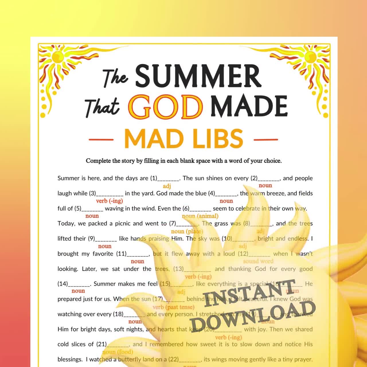 The Summer That God Made Mad Libs Printable For Church Kids Teens Adults Sunday School Ministry Family Bible Activity Etsy Israel