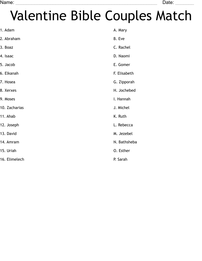 Valentine Bible Couples Match Worksheet WordMint